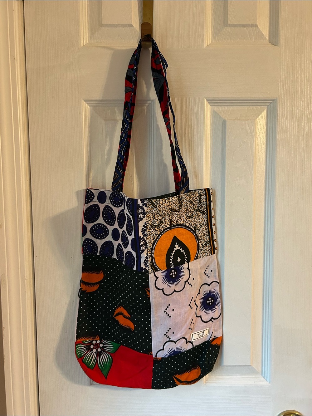 Zuri Unique Handcrafted Patchwork Tote Bag in Blue, Red, Orange
